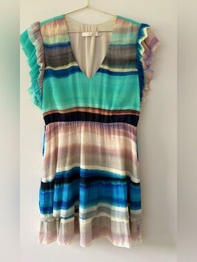 Marie Oliver Silk Ruffle Sleeve Stripe Mini Dress Size S Blue Aqua Multicolor